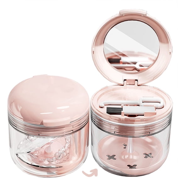 MURRI&MURRDI Retainer Case, Denture Bath Box, Travel Retainer Soaking Pot for Cleaning, False Teeth Holder Leak Proof, Cute Denture Container Cup for Mouth Guard Invisalign Aligner Dental Brace, Pink