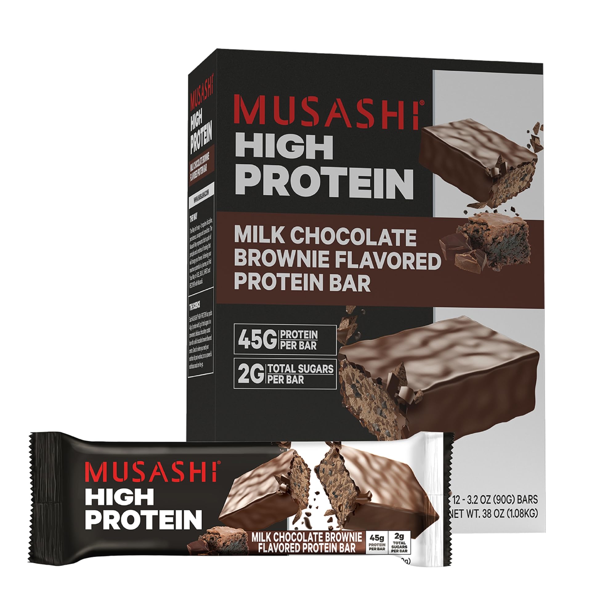 MUSASHI High Protein Bar, OIF8 45g Protein, 2g Total Sugars, Milk Chocolate Brownie, Post