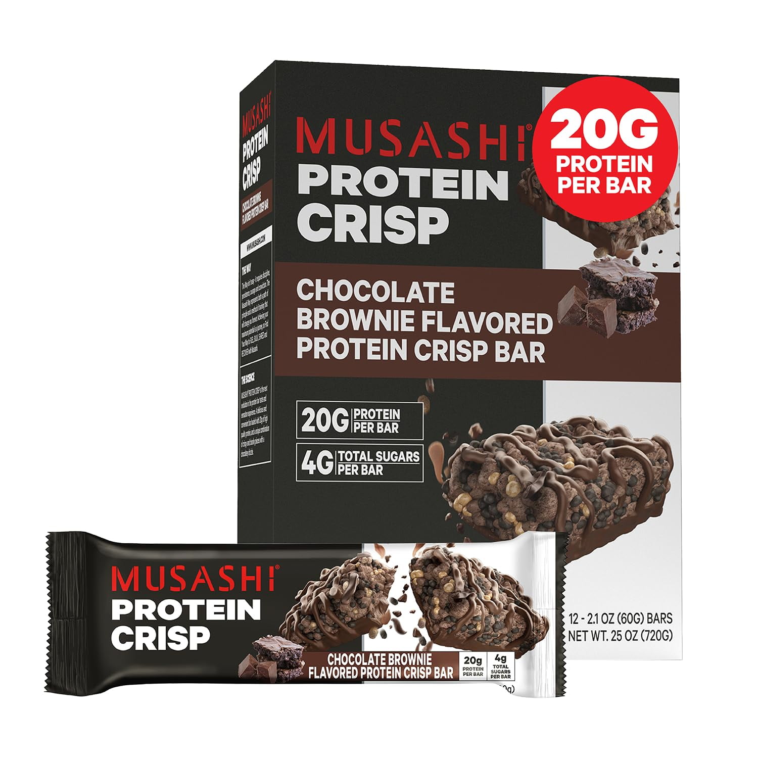 MUSASHI Protein Crisp TWE5Bar, 20g Protein, 4g Total Sugars, Chocolate Brownie, Post Workout and Snack On The Go, 12 Pack of 2.1oz (60g) Bars