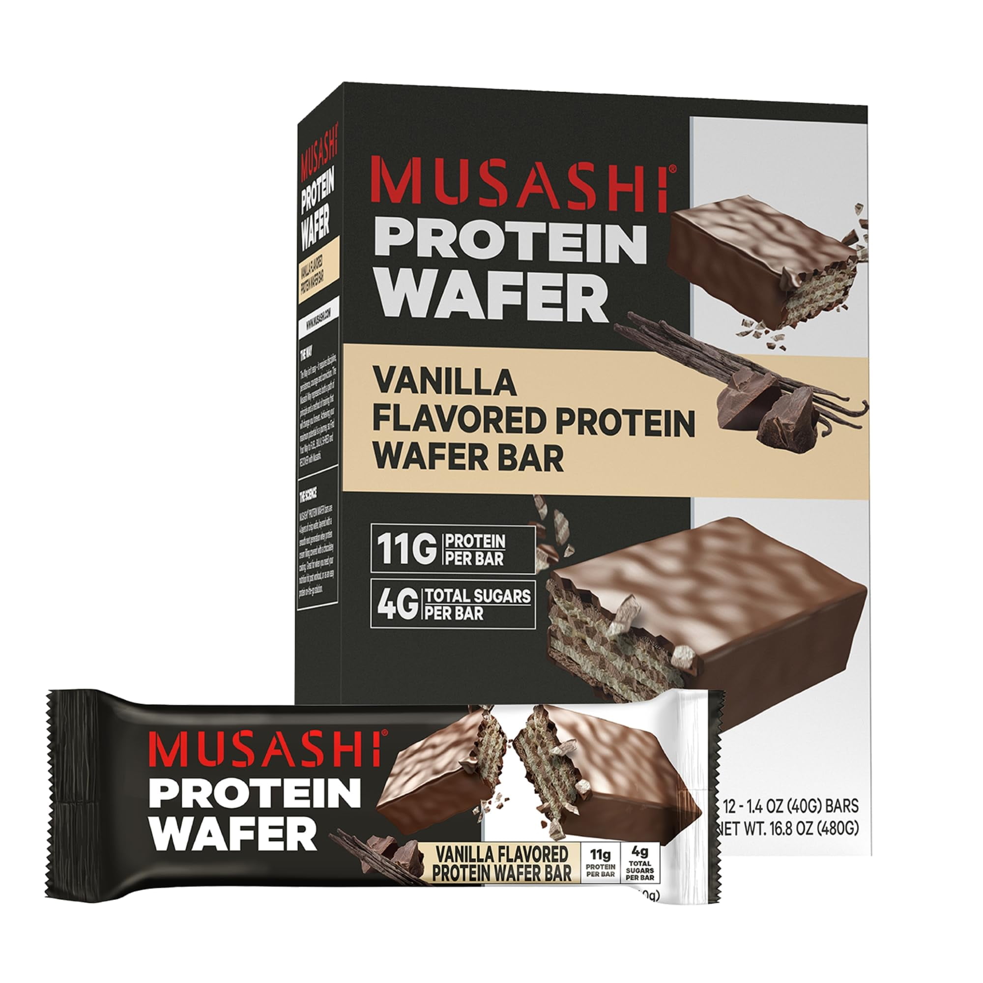 MUSASHI Protein Wafer Bar, AIF4 11g Protein, 4g Total Sugars, Vanilla