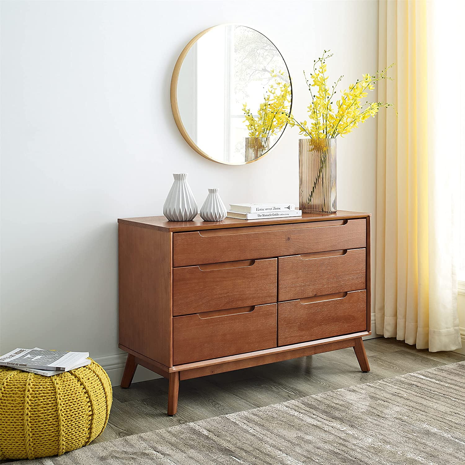 Mid-Century Brown Solid Wood 5-Drawer Dresser
