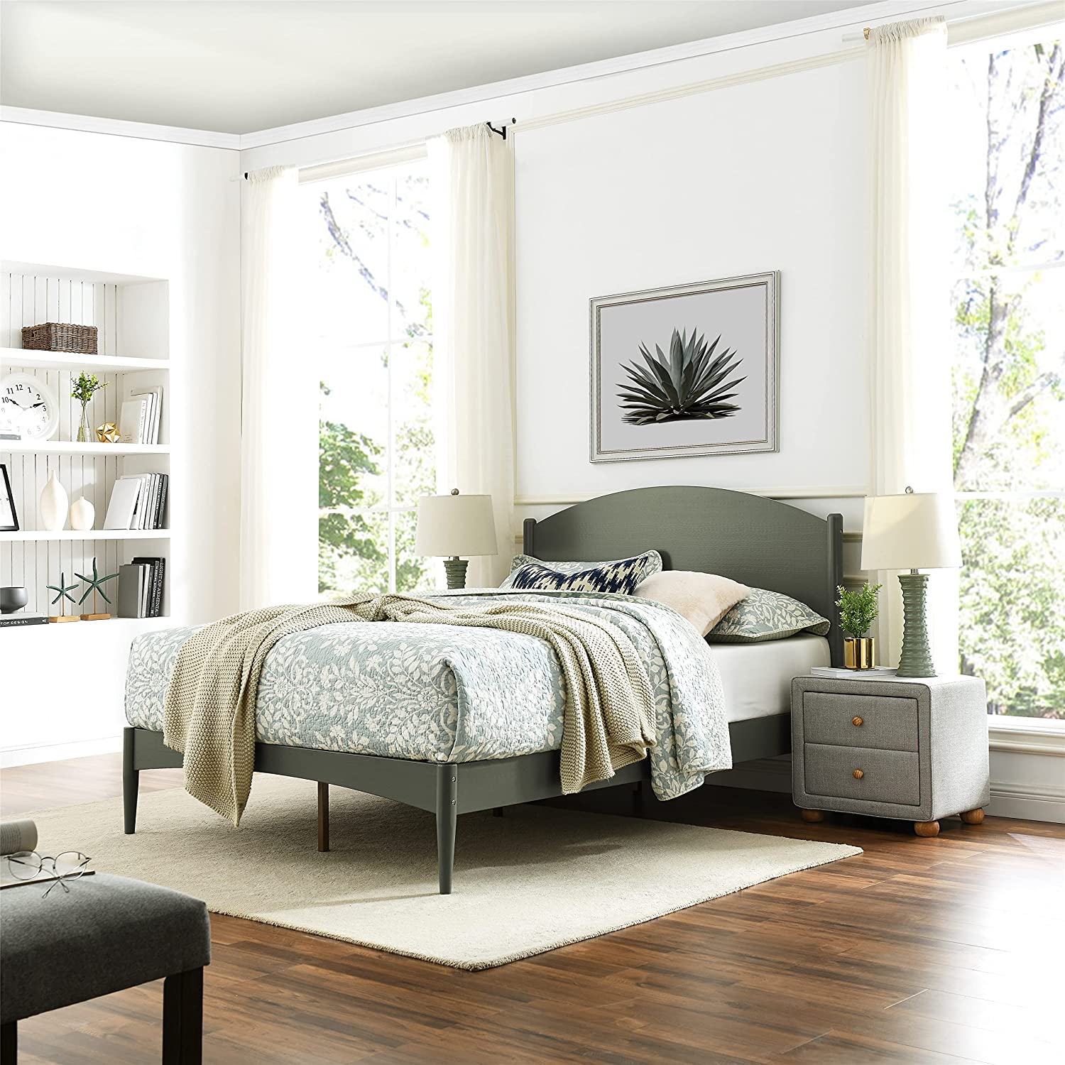 MUSEHOMEINC Mid Century Full Size Bed Frame with Modern Curve Headboard