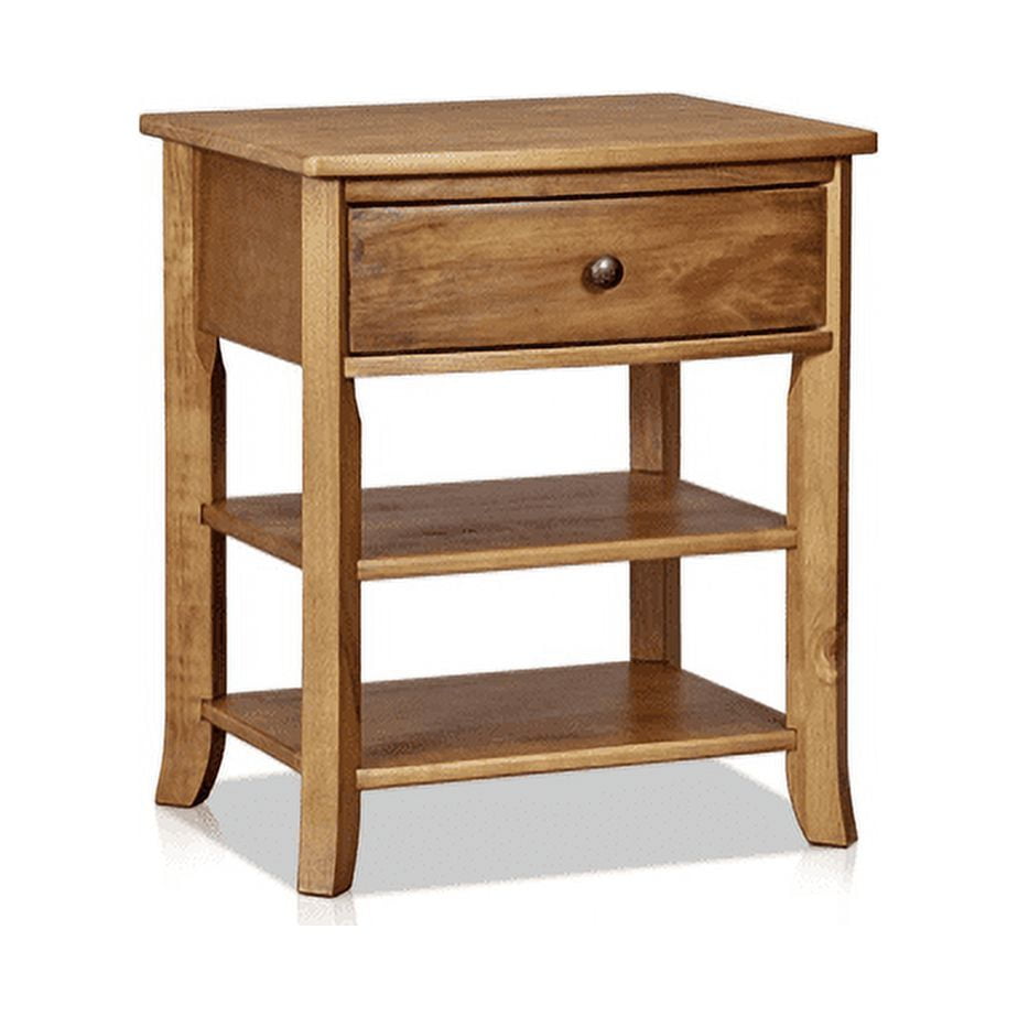 Teak Finish Solid Pine Wood Nightstand with Drawer and Shelves