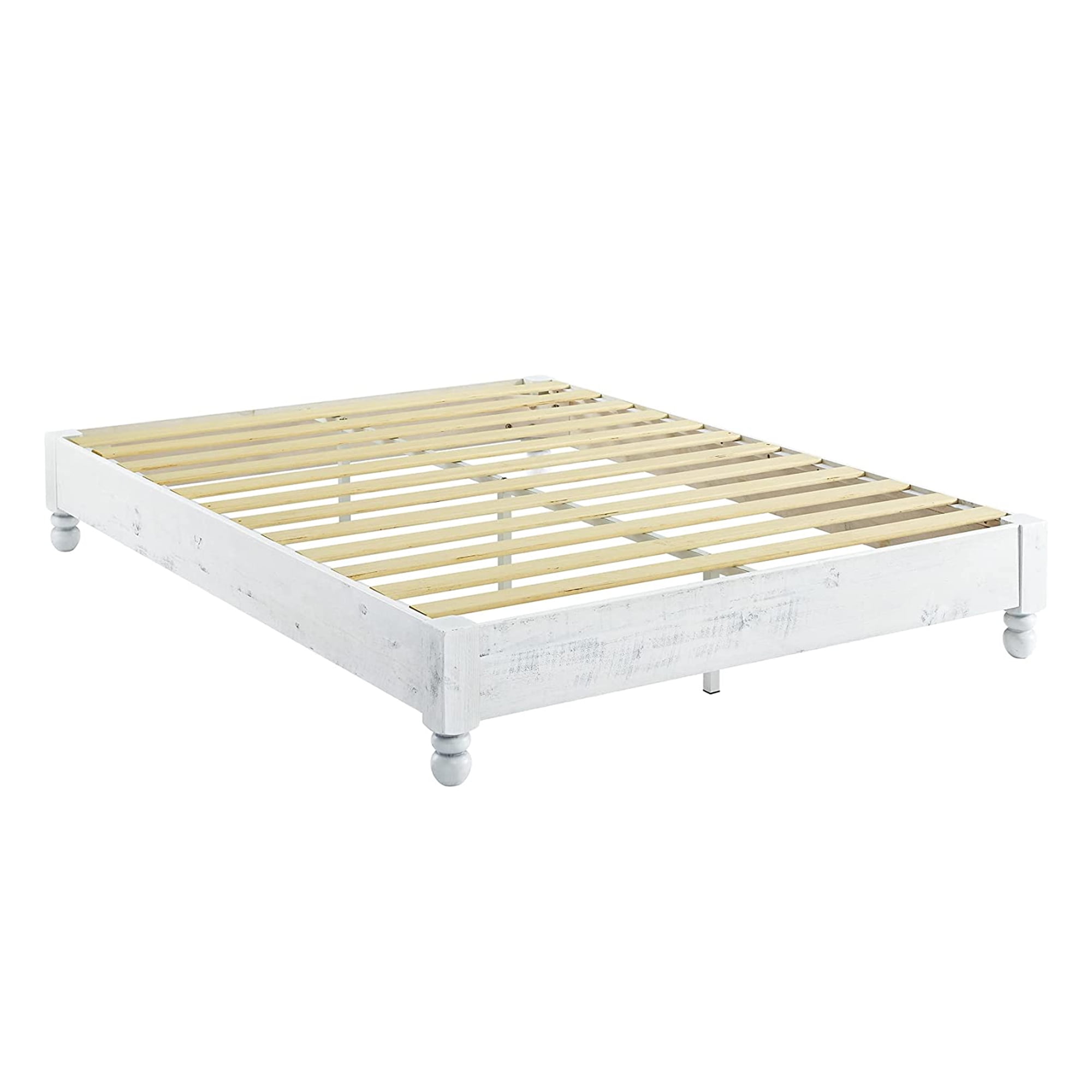 Full Size Whitewashed Pine Wood Rustic Platform Bed Frame with Slats