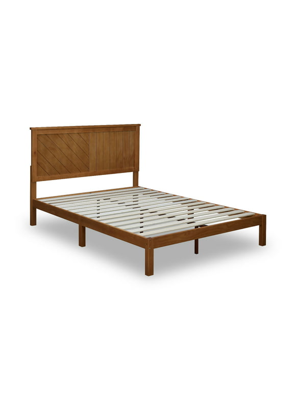 MUSEHOMEINC Solid Wood Platform Bed with Headboard, Rustic Pine Finish, Queen