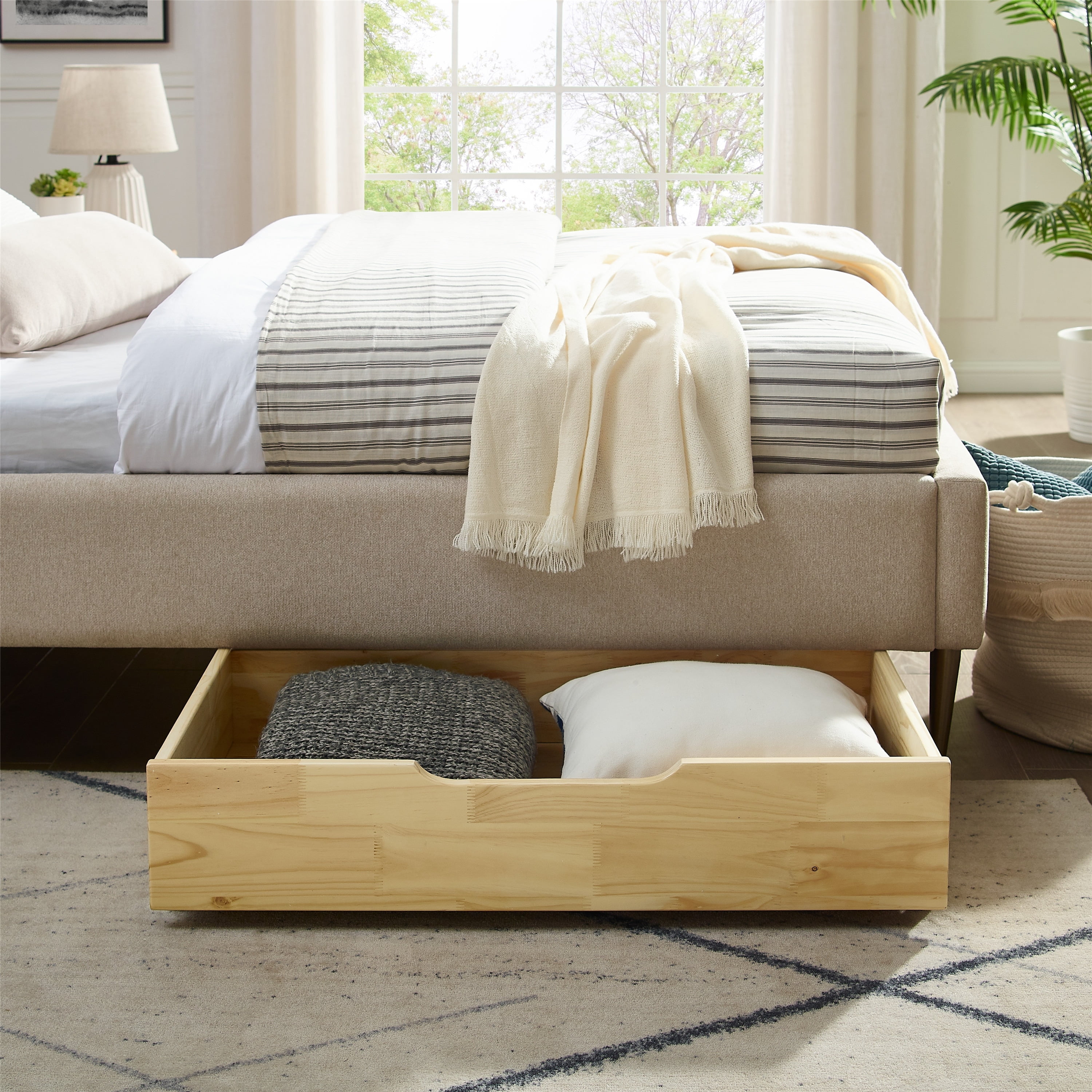 MUSEHOMEINC Solid Wood Under Bed Storage Drawer with 4 Wheels for Bedroom Suggested for Queen King Size Platform Bed Natural