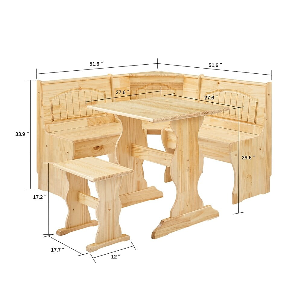 MUSEHOMEINC Traditional Style 3 Piece Solid Wood Breakfast Nook Dining