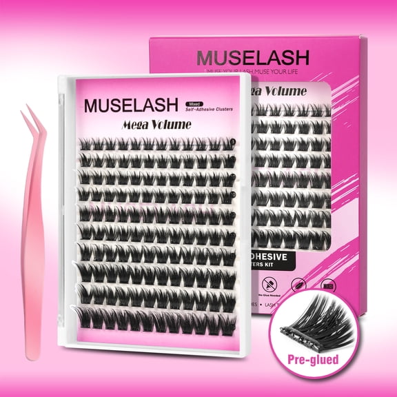 MUSELASH Mega Volume Self Adhesive Lash Clusters, 120pcs Pre-Glued False Eyelashes, Fluffy Full Volume Lashes, Mixed Lengths, Easy Apply No Glue Needed