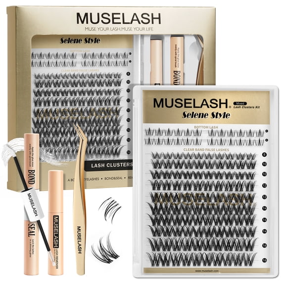 MUSELASH Selene Style Lash Clusters Kit, 124pcs Double V Top and Bottom False Eyelashes with Bond & Seal, Lash Remover and Tweezer, Wispy Fluffy Volume Lashes