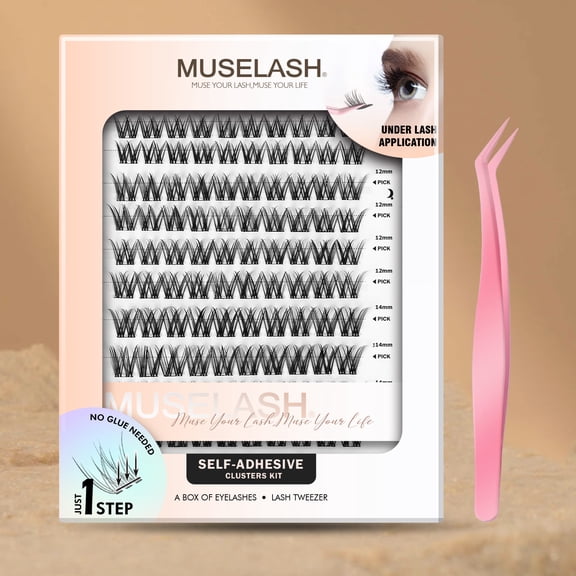 MUSELASH Self Adhesive Lash Clusters, 130pcs Wide Band WideSpan Cluster Lashes, 8-16mm Mixed Length C/D Curl Fluffy False Eyelashes, Easy Efficient Application