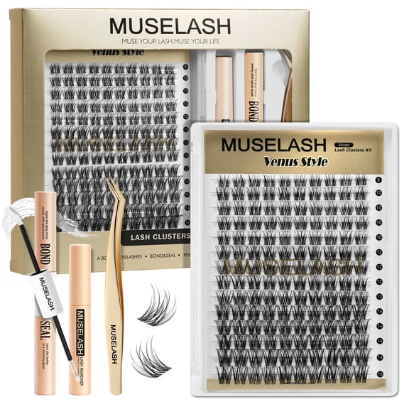 MUSELASH Venus Style Lash Clusters Kit, 140pcs Natural False Eyelashes with Bond & Seal, Lash Remover and Tweezer, Wispy Lightweight Lashes for Everyday Natural Eye Makeup