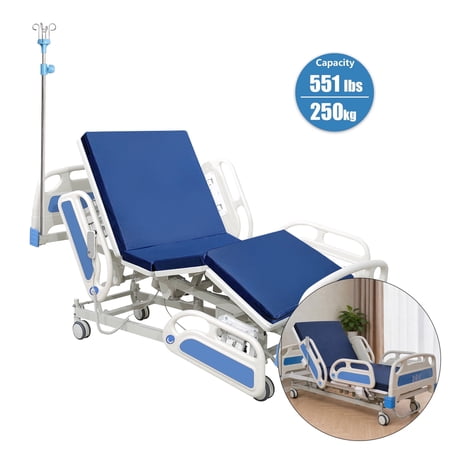 MUSEPT Full Electric Hospital Bed for Home Care, 5 Function Adjustable Medical Bed with Mattress & IV Pole, 551 lbs Capacity, Trendelenburg Position, Locking Casters