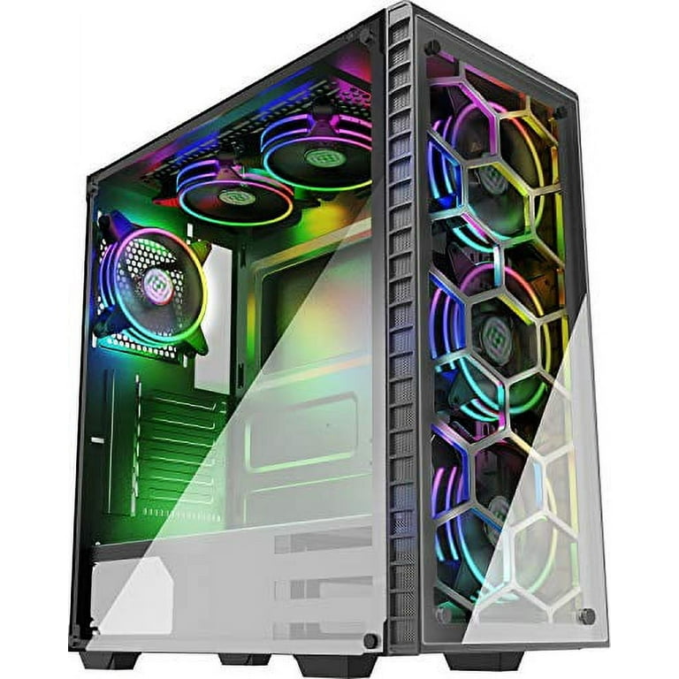 MUSETEX 6pcs 120mm ARGB Fans and USB3.0 ATX Mid-Tower Chassis Gaming PC  Case, 2 Tempered Glass Panels Gaming Style Windows Computer Case Desktop 