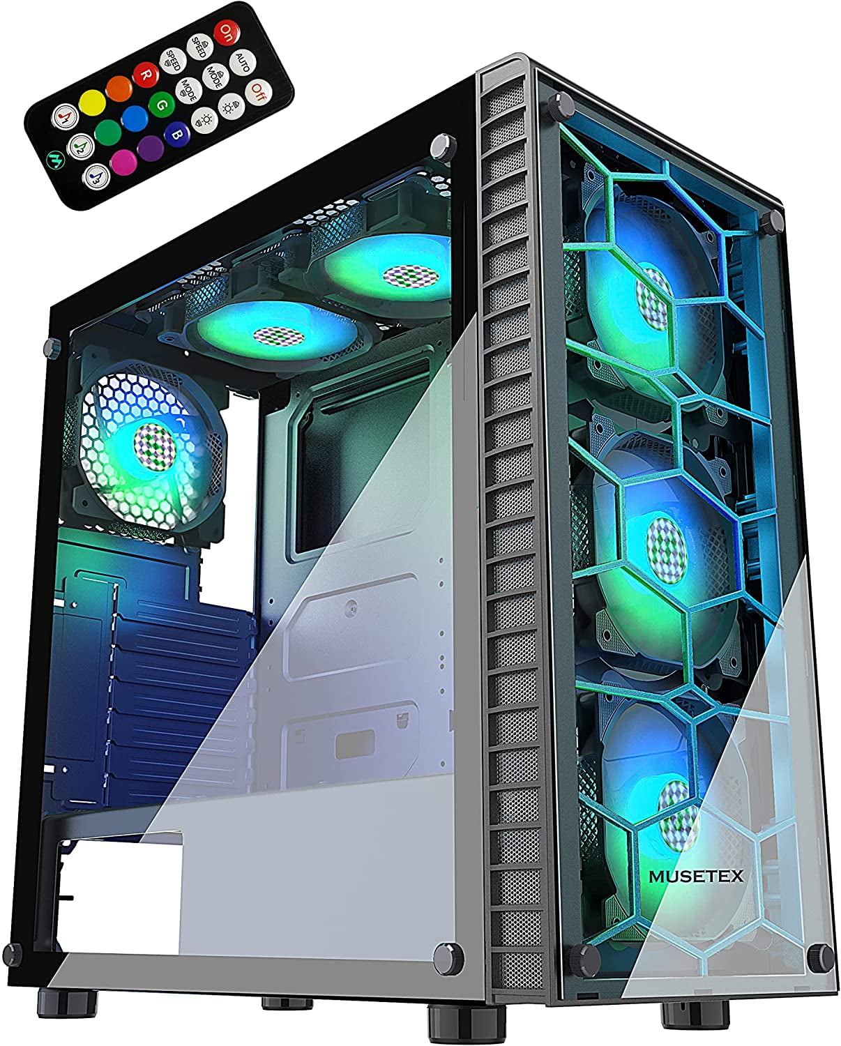MUSETEX ATX PC Case with 6 Pcs 120mm ARGB Fans, Computer
