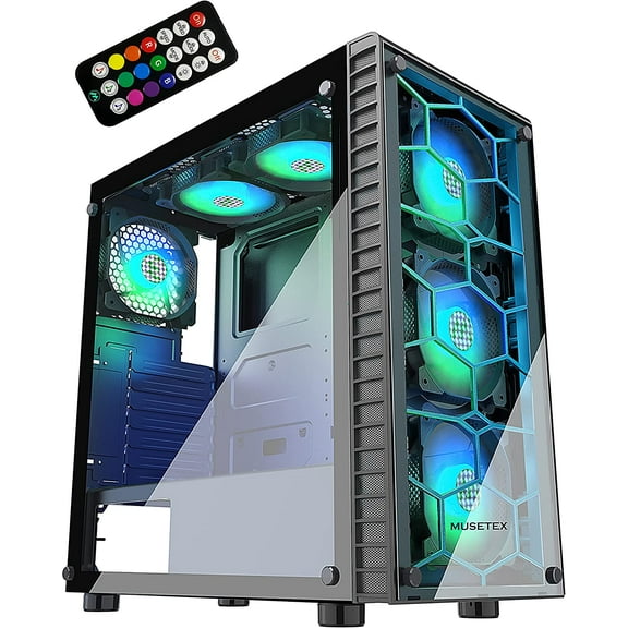MUSETEX ATX PC Case with 6 Pcs 120mm ARGB Fans, Computer Gaming Case Mid-Tower Phantom Black, Tempered Glass Computer Chassis, USB 3.0, MN6-B