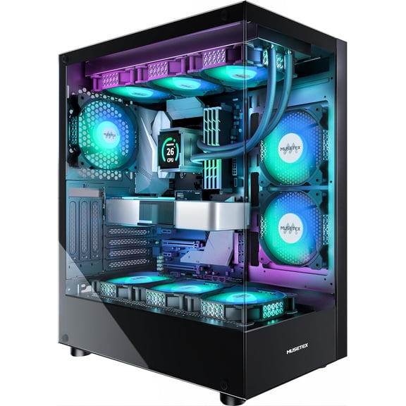 MUSETEX PC CASE ATX 6 PWM ARGB Fans Pre-Installed, Type-C Mid Tower Computer Case with Full-View Dual Tempered Glass, Gaming Case,Black(K2)