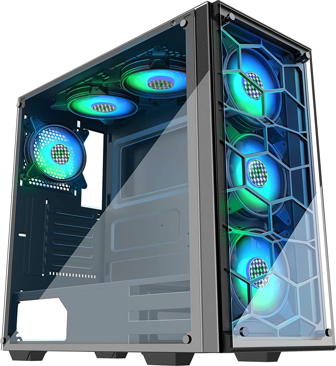 MUSETEX Phantom Black ATX Mid-Tower Case, 6 RGB Fans USB3.0 2 Tempered Glass Panels, Gaming PC Case Computer Chassis (907-N6)