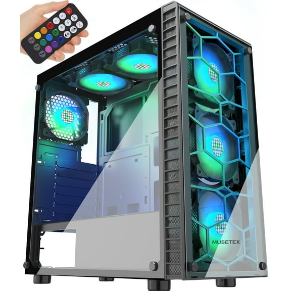 MUSETEX Phantom Black ATX Mid-Tower Case with USB 3.0 and 6pcs 120mm ARGB Fans, Tempered Glass Panels Gaming PC Case Computer Chassis (G05MN6-HB)