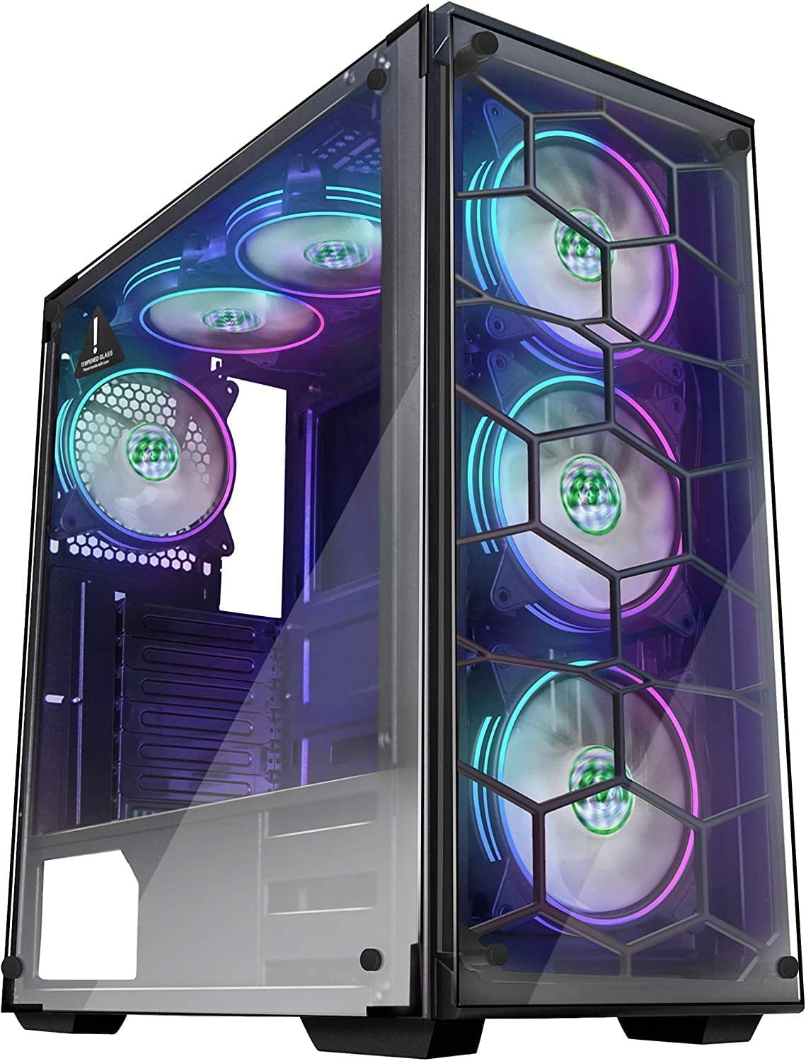 MUSETEX Phantom Black ATX Mid Tower Desktop Computer Gaming Case USB 3.0 Ports Tempered Glass Windows with 120mm LED RGB Fans Pre-Installed (907W6)