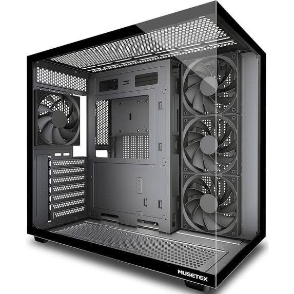 MUSETEX Y6 PC Case, Pre-Installed 4 Non-LED Fans, ATX Mid Tower Case, Computer Case with Type-C, 270° Full View Tempered Glass, Black