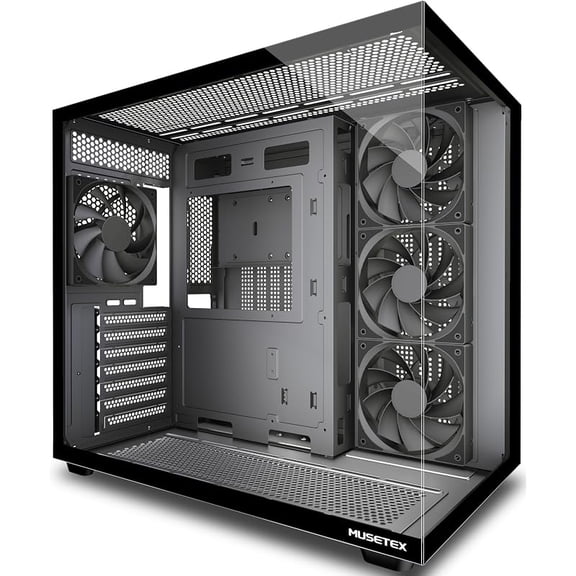 MUSETEX Y6 PC Case, Pre-Installed 4 Non-LED Fans, ATX Mid Tower Case, Computer Case with Type-C, 270 Full View Tempered Glass, Black