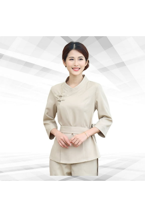 1Set Hair Dyeing Clothes Beauty Technician Overalls Beige Neat Neckline Design Spa Suit