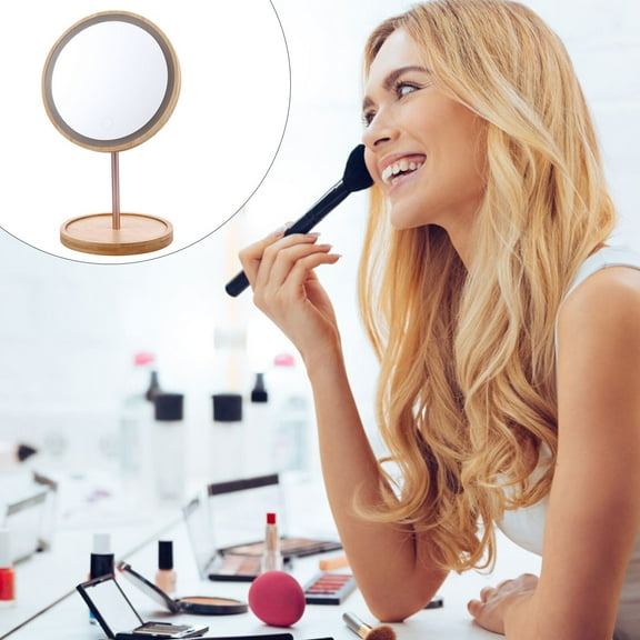 OATIPHO 1Pc Tabletop LED Makeup Mirror with Wooden Frame and 90 Degree Swivel Design