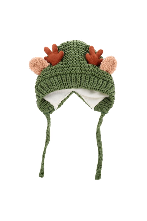1Pc Green Warm Winter Hat with Antler Style and Wide Brim for Cold Weather