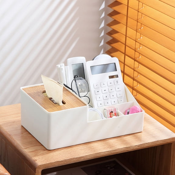 OATIPHO White Bamboo Desktop Organizer Box with Compartments for Tissue Remote Controller and Sundries Storage