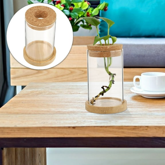 OATIPHO Glass Ecosystem Bottle Transparent Wooden Desktop Vase Home Decoration