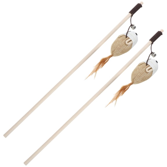 OATIPHO 2Pcs Beige Cat Teasing Wand with Cotton Rope and Wood for Healthy Cat Interaction