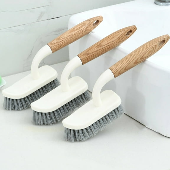 OATIPHO White ABS Hard Bristle Cleaning Brush Comfortable Wooden Handle 2Pcs
