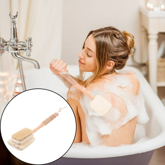 MUSEYA Beige Bath Brush with Long Wooden Handle for Back Cleaning and Dry Brushing in Shower Tub 7.5 Inches