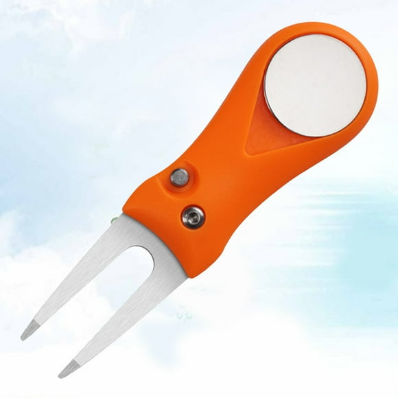 MUSEYA Folding Divot Tool for Golf with Magnet Ball Marker Easy Unfold ABS Handle Stainless Steel Orange 4.5 Inches