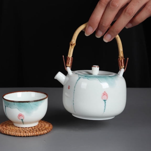 OATIPHO Chinese Style Ceramic Teapot, Bamboo Handle, Hand-Painted, Assorted Color, for Home 1Pc