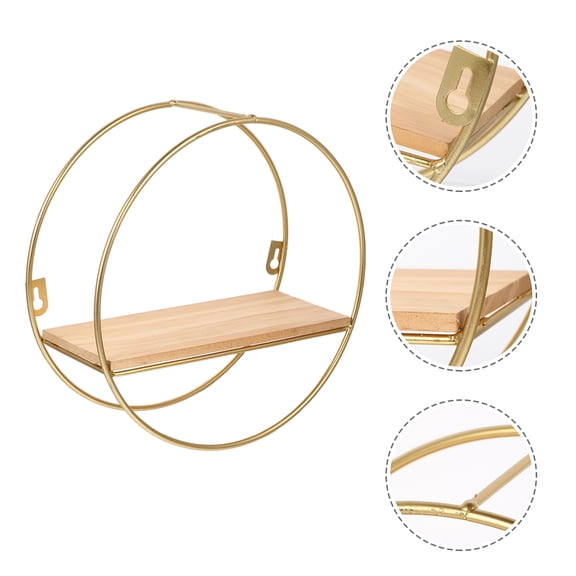 OATIPHO Nordic Style Golden Round Iron Wood Floating Shelf for Home Decor Geometric Storage