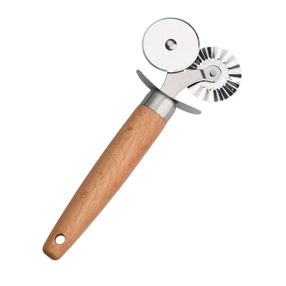 OATIPHO Double Wheel Pizza Cutter Stainless Steel Wood Baking Tool Light Brown 1Pc