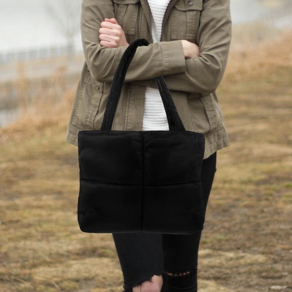 OATIPHO Black Cotton Quilted Tote Bag Soft Puffer Shoulder Handbag Versatile for Work and Travel