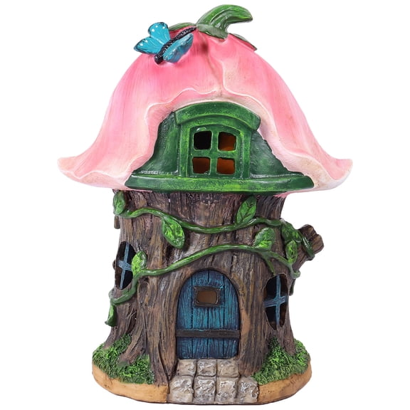 OATIPHO Solar House Statue Light Pink Resin Fairy Garden Light Decorative Outdoor Accent