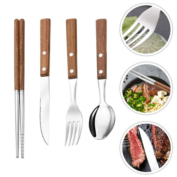 OATIPHO Light Brown Stainless Steel and Wood Tableware Set for Home 1Set