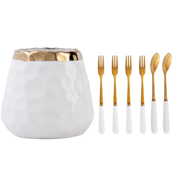 OATIPHO Fruit Fork Storage Jar White Ceramic Stainless Steel for Dessert Ice Cream Coffee Meals 1Set