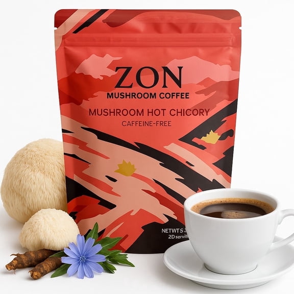 ZON Mushroom Coffee Alternative, Caffeine Free Instant Chicory Blend with Lions Mane, Reishi, Cordyceps, Turkey Tail, Shiitake & King Trumpet, MCT + Coconut Oil Powder, 180g (30 Servings)