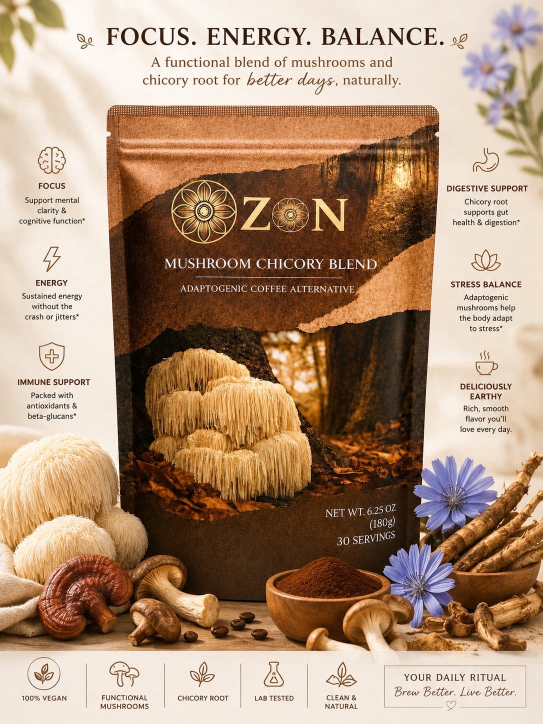 ZON Mushroom Coffee Alternative, Caffeine Free Instant Chicory Blend with Lions Mane, Reishi, Cordyceps, Turkey Tail, Shiitake & King Trumpet, MCT + Coconut Oil Powder,  180g (30  Servings)