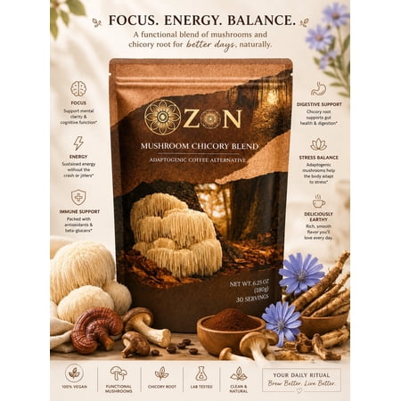 ZON Mushroom Coffee Alternative, Caffeine Free Instant Chicory Blend with Lions Mane, Reishi, Cordyceps, Turkey Tail, Shiitake & King Trumpet, MCT + Coconut Oil Powder, 180g (30 Servings)