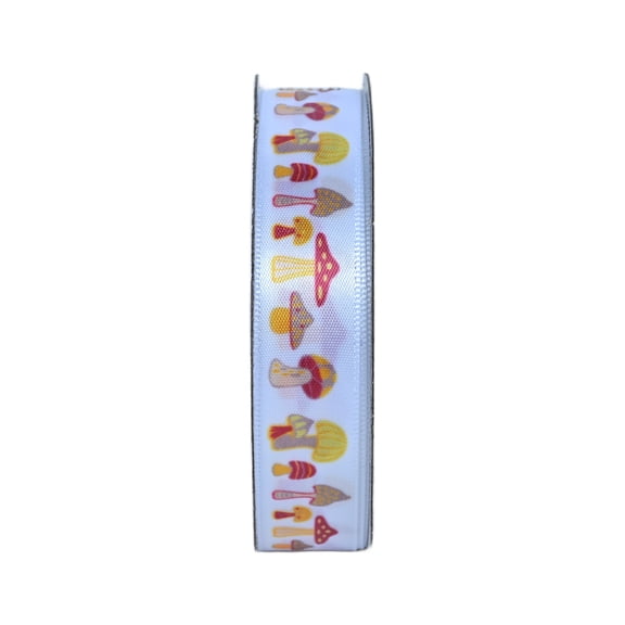 Gwen Studios 5/8" Mushrooms on White Satin Ribbon, 3 yards