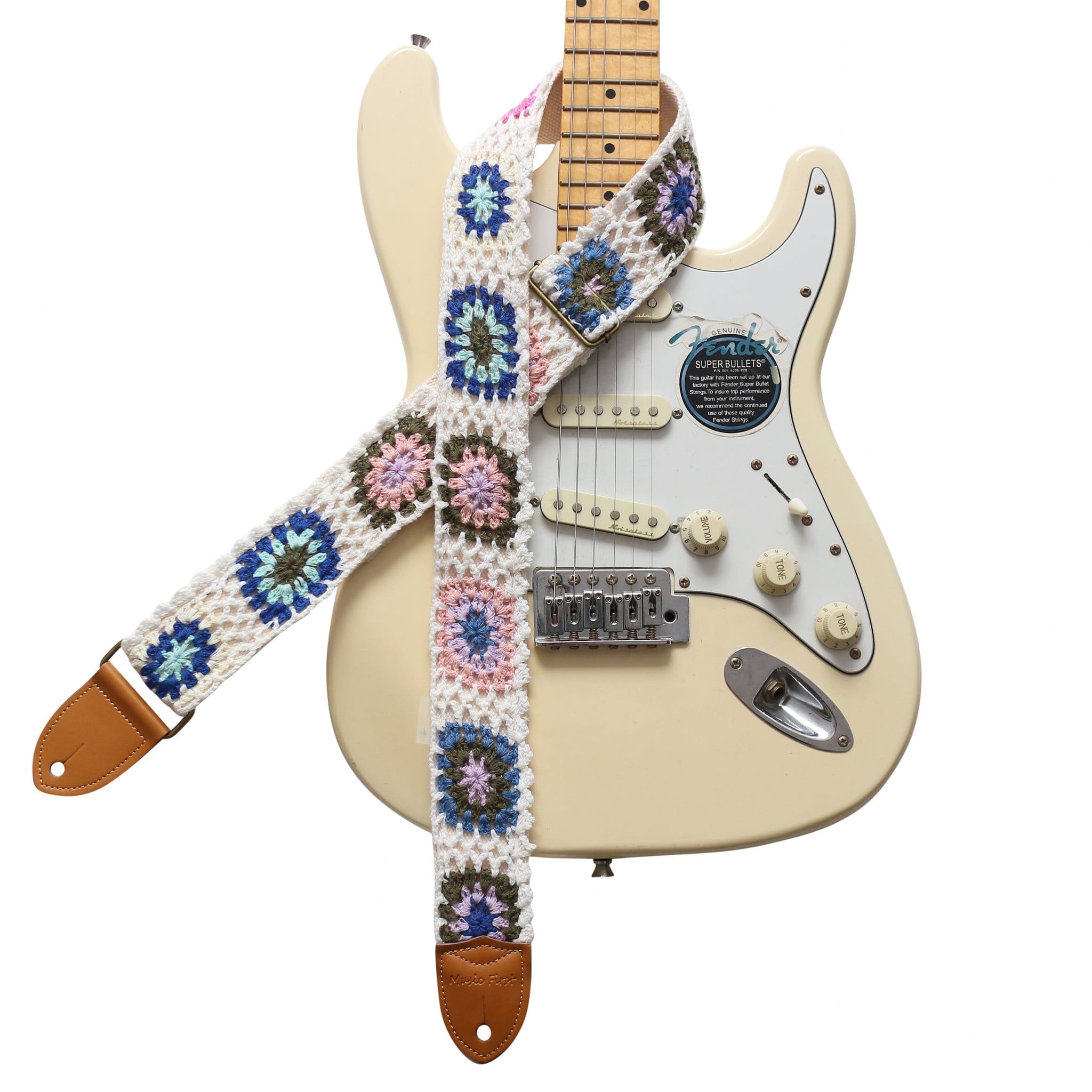MUSIC FIRST Original Design, 2 inch width (5cm), Vintage Style Hand Made Crochet "Colorful Flowers" Electric Guitar Strap
