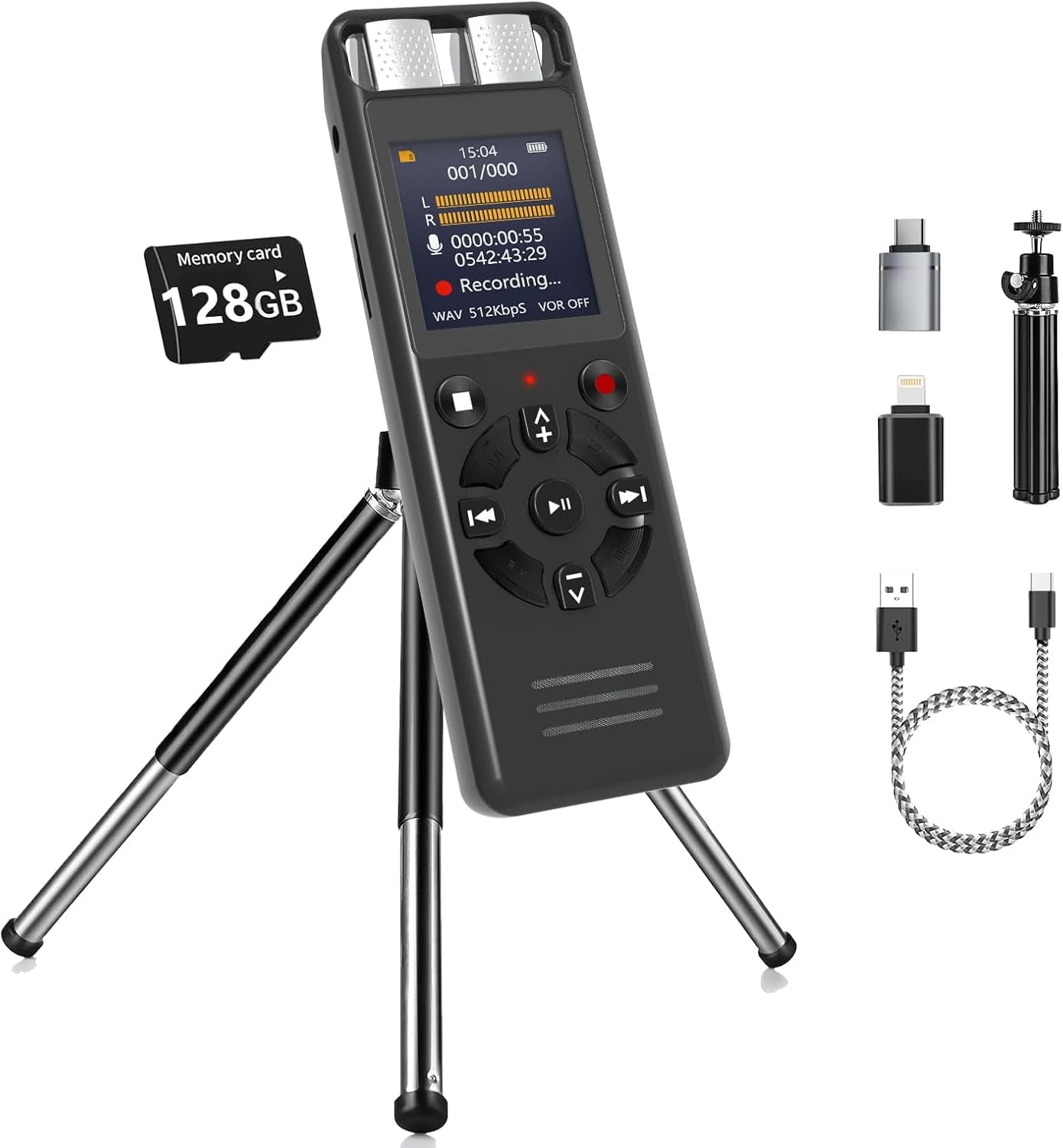 MUSICOZY 128GB Voice Activated Digital Recorder for Lectures and Meetings, Connected Phone via OTG, 9280 Hours Audio Recorder with Tripod Stand, Recording Device MP3 Player