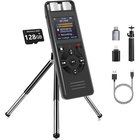 MUSICOZY 128GB Voice Activated Digital Recorder for Lectures and Meetings, Connected Phone via OTG, 9280 Hours Audio Recorder with Tripod Stand, Recording Device MP3 Player
