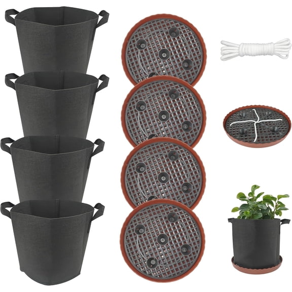 MUSICOZY 4PCS Self Watering Base for 1-5 Gallon Fabric Pot, Automatic Watering Tray System for Non-woven Grow Bag with Handle, Plastic Elevated Plant Flower Saucer Stand Saucer Vegetable Fruit Flower