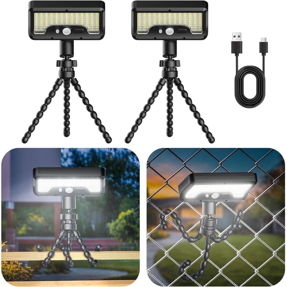XEAZON 92 LED Solar Lights Outdoor with Motion Sensor, Octopus Stand, Adjustable Angle, USB & Solar Powered, Optical Diffuser Lens, 3 Modes, IP65 Waterproof Fence Lights for Garden, Gate (2 Pack)